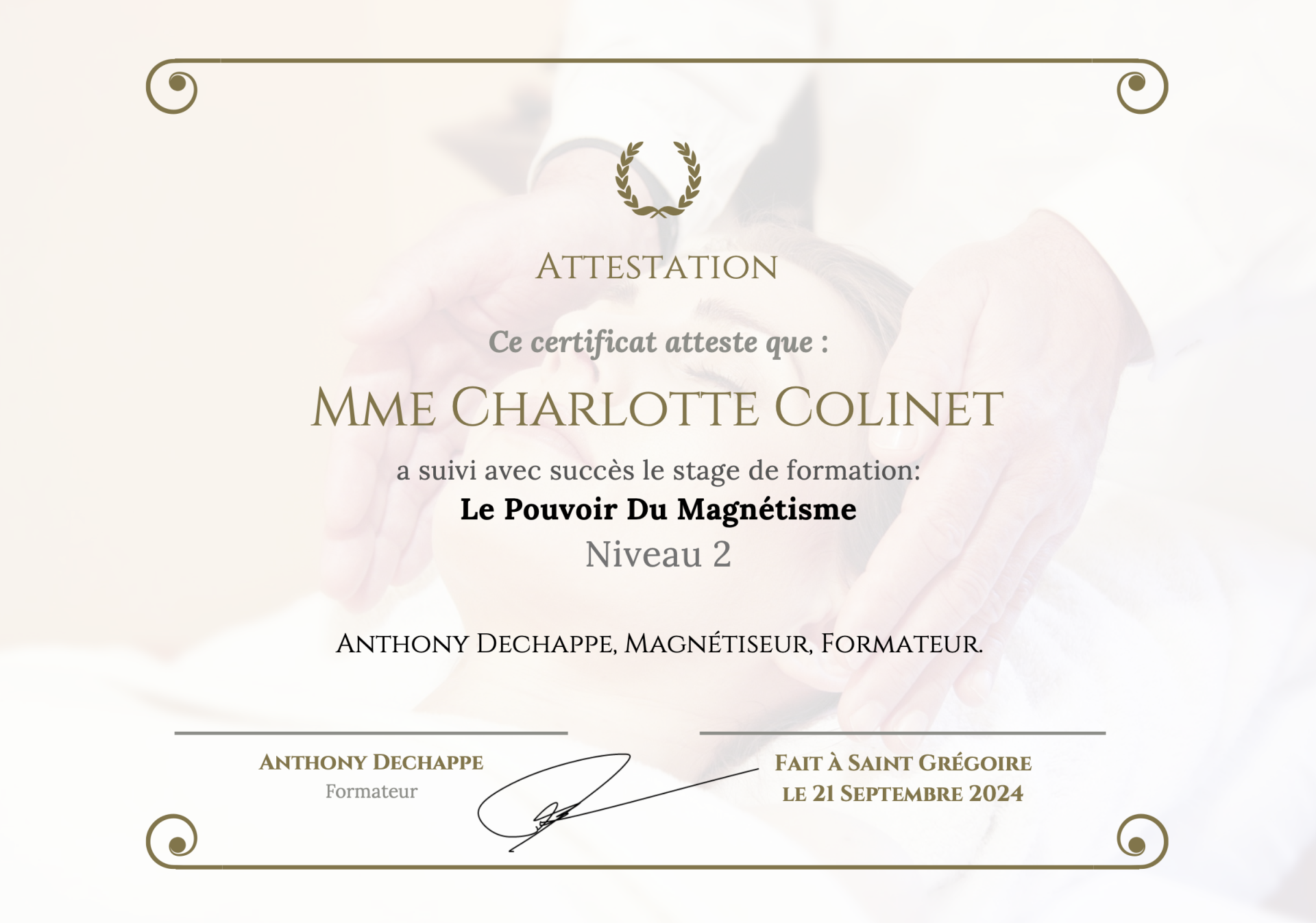 Certificat de formation au magnétisme niveau 2 de Charlotte Colinet